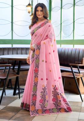 Baby pink handloom woven linen jacquard traditional saree with blouse 3