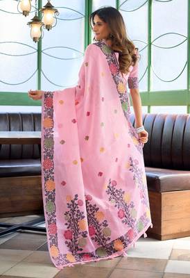 Baby pink handloom woven linen jacquard traditional saree with blouse 5