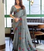 Grey handloom woven linen jacquard traditional saree with blouse