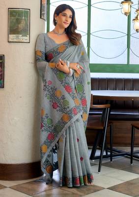 Grey handloom woven linen jacquard traditional saree with blouse 2