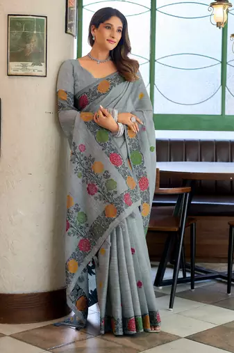 Grey handloom woven linen jacquard traditional saree with blouse
