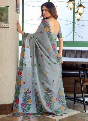 Grey handloom woven linen jacquard traditional saree with blouse 5
