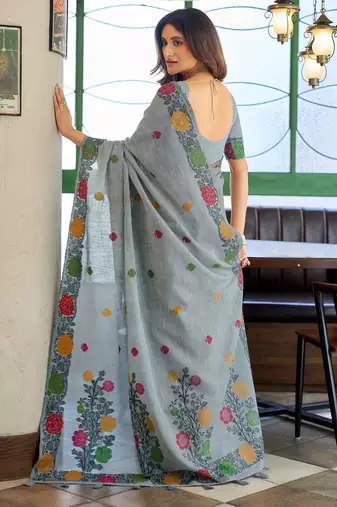 Grey handloom woven linen jacquard traditional saree with blouse