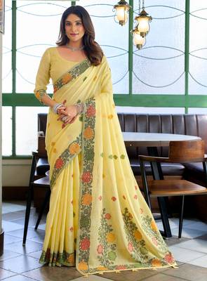Yellow handloom woven linen jacquard traditional saree with blouse 1