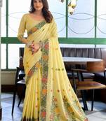 Yellow handloom woven linen jacquard traditional saree with blouse