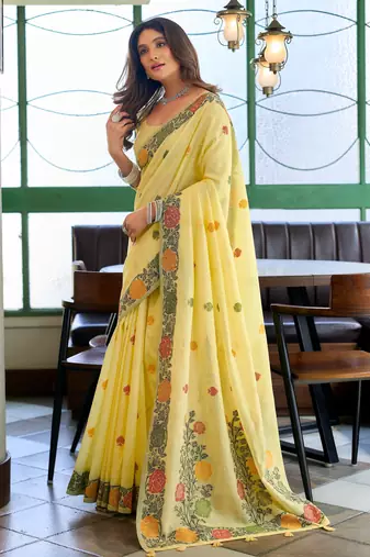 Yellow handloom woven linen jacquard traditional saree with blouse
