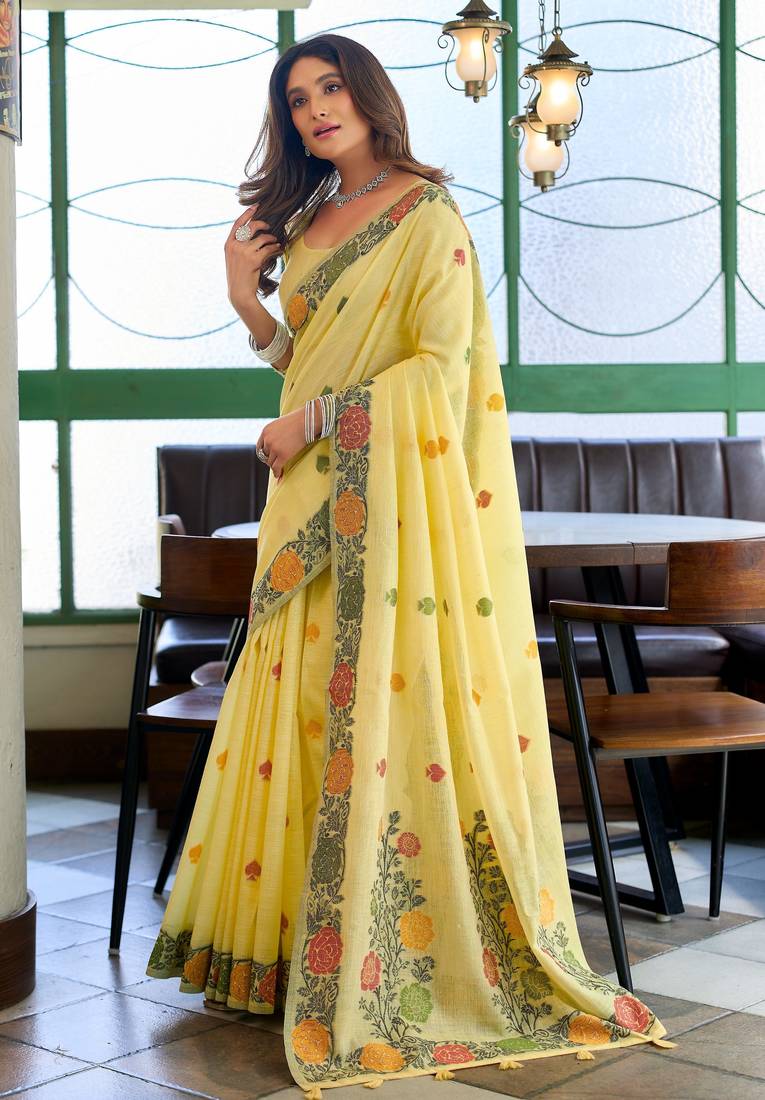 Yellow handloom woven linen jacquard traditional saree with blouse