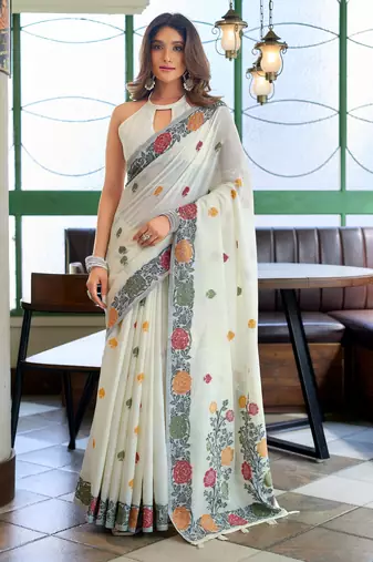 White handloom woven linen jacquard traditional saree with blouse