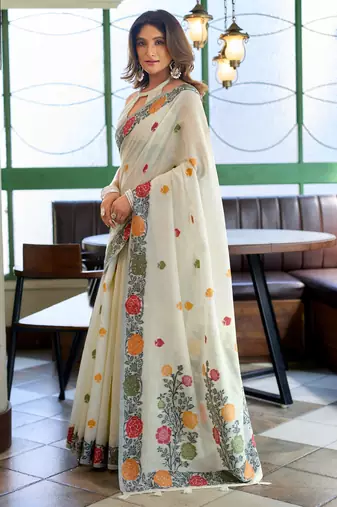 White handloom woven linen jacquard traditional saree with blouse