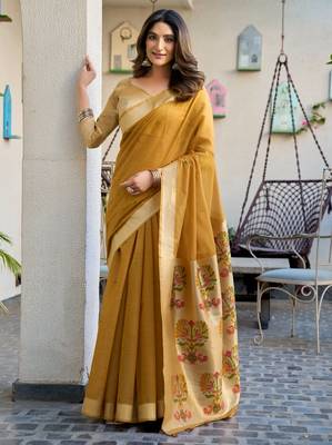 mustard zari woven cotton blend jacquard traditional saree with blouse 1