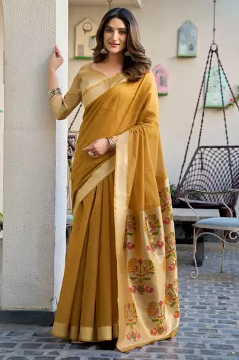 mustard zari woven cotton blend jacquard traditional saree with blouse