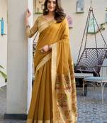 mustard zari woven cotton blend jacquard traditional saree with blouse