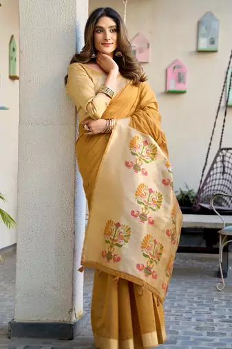 mustard zari woven cotton blend jacquard traditional saree with blouse