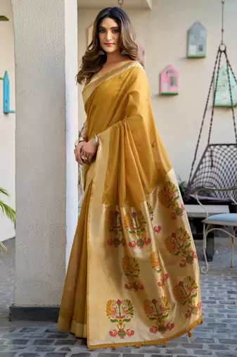 mustard zari woven cotton blend jacquard traditional saree with blouse