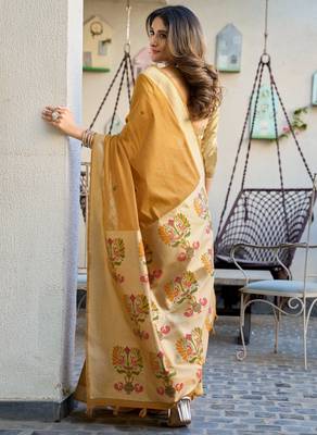 mustard zari woven cotton blend jacquard traditional saree with blouse 5