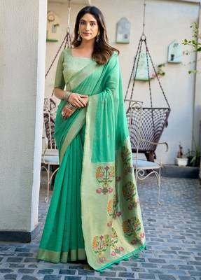 sea green zari woven cotton blend jacquard traditional saree with blouse 1