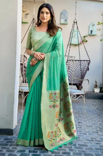 sea green zari woven cotton blend jacquard traditional saree with blouse
