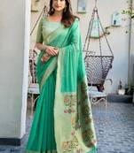 sea green zari woven cotton blend jacquard traditional saree with blouse