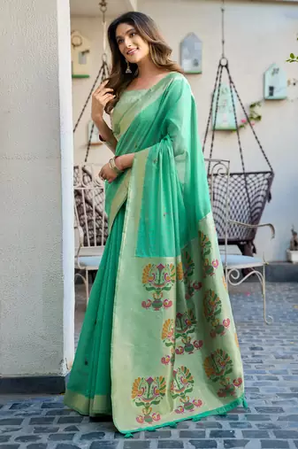 sea green zari woven cotton blend jacquard traditional saree with blouse