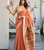 coral zari woven cotton blend jacquard traditional saree with blouse