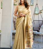 beige zari woven cotton blend jacquard traditional saree with blouse
