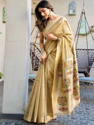 beige zari woven cotton blend jacquard traditional saree with blouse 3