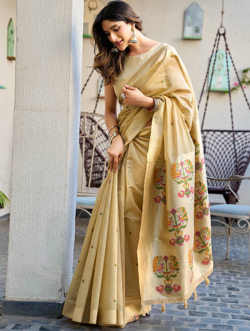 beige zari woven cotton blend jacquard traditional saree with blouse