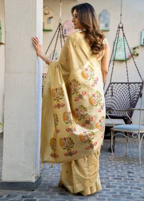 beige zari woven cotton blend jacquard traditional saree with blouse 5