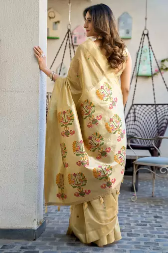 beige zari woven cotton blend jacquard traditional saree with blouse