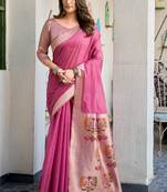 magenta zari woven cotton blend jacquard traditional saree with blouse