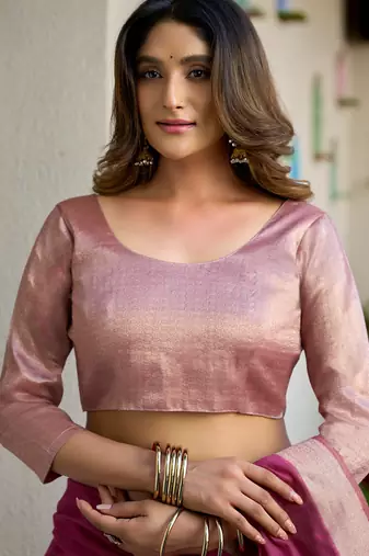 magenta zari woven cotton blend jacquard traditional saree with blouse