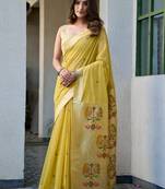 yellow zari woven cotton blend jacquard traditional saree with blouse
