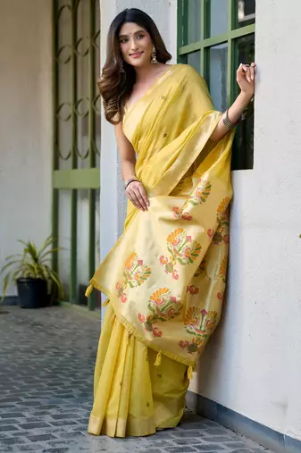 yellow zari woven cotton blend jacquard traditional saree with blouse