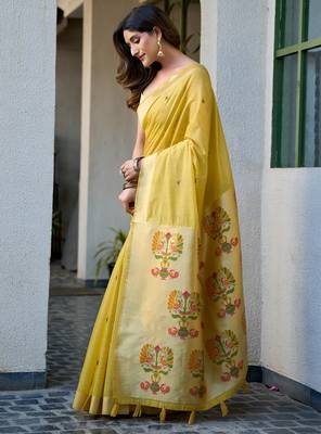 yellow zari woven cotton blend jacquard traditional saree with blouse 3