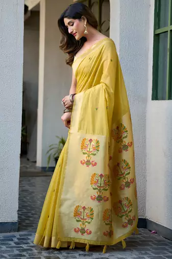 yellow zari woven cotton blend jacquard traditional saree with blouse