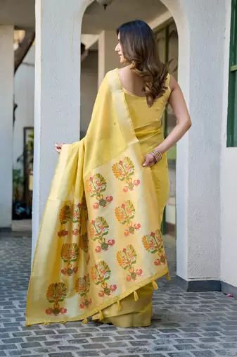 yellow zari woven cotton blend jacquard traditional saree with blouse