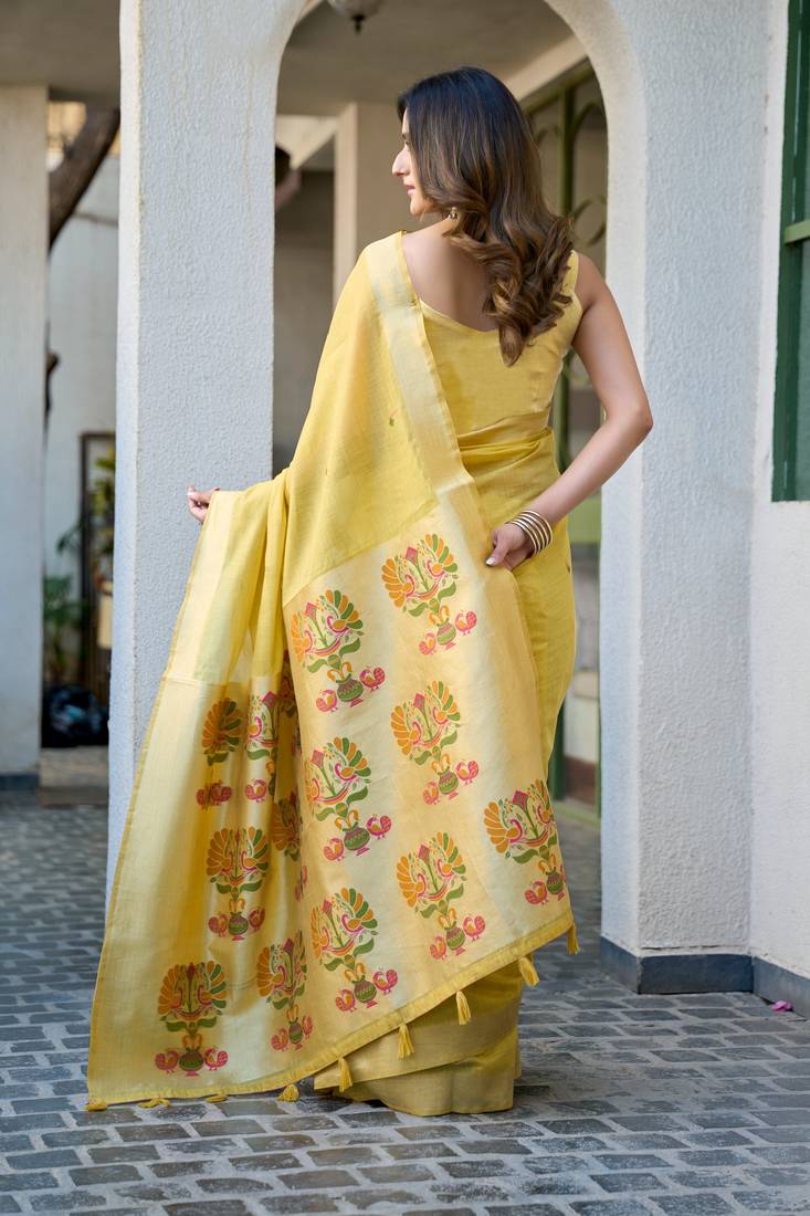 yellow zari woven cotton blend jacquard traditional saree with blouse