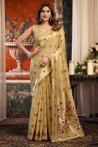 beige zari woven kota paithani traditional saree with blouse
