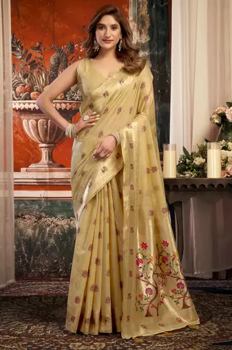 beige zari woven kota paithani traditional saree with blouse