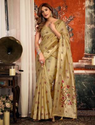 beige zari woven kota paithani traditional saree with blouse 2