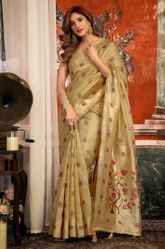 beige zari woven kota paithani traditional saree with blouse
