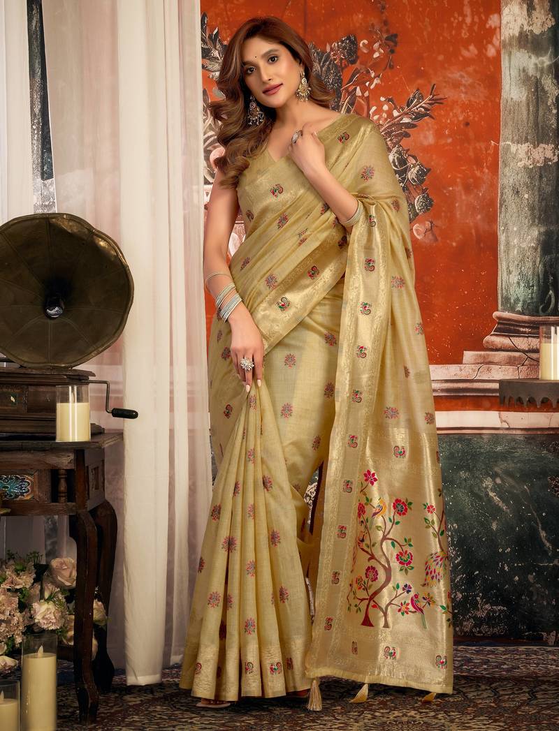 beige zari woven kota paithani traditional saree with blouse