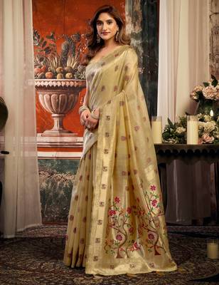 beige zari woven kota paithani traditional saree with blouse 3