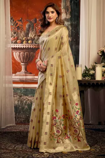 beige zari woven kota paithani traditional saree with blouse