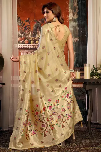beige zari woven kota paithani traditional saree with blouse