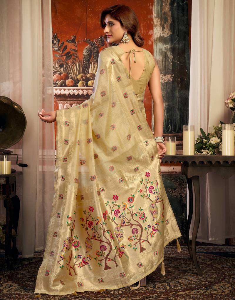 beige zari woven kota paithani traditional saree with blouse