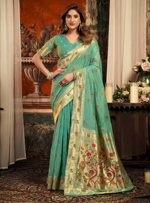 sea green zari woven kota paithani traditional saree with blouse 1