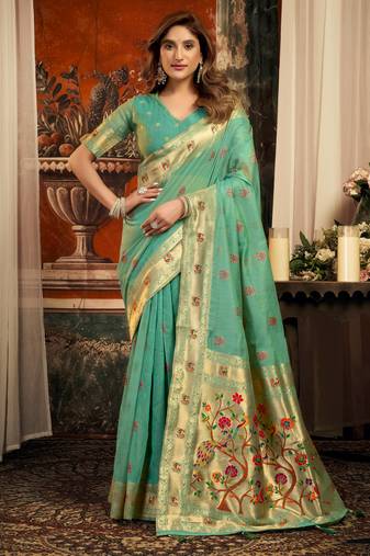 sea green zari woven kota paithani traditional saree with blouse