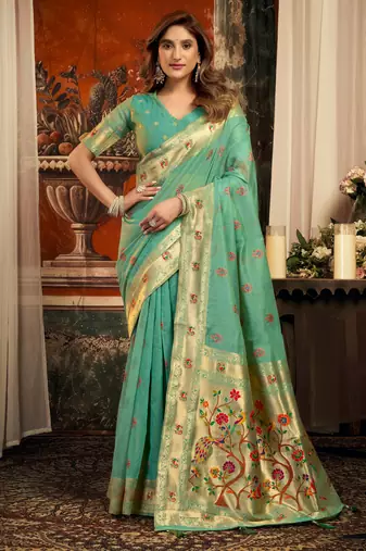 sea green zari woven kota paithani traditional saree with blouse