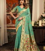 sea green zari woven kota paithani traditional saree with blouse